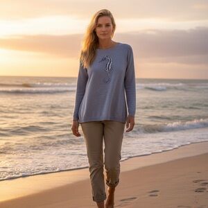 Talbots Petite Small Blue Seahorse Sweater PS Coastal Nautical Knit